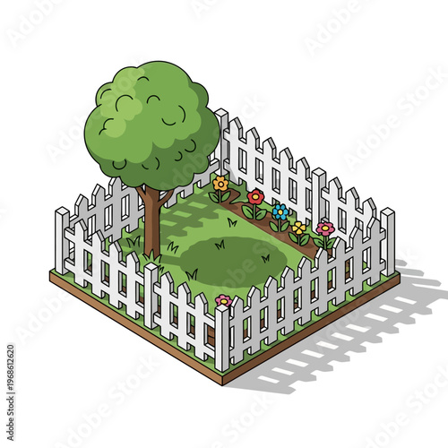 Isometric garden illustration featuring a green tree, a classic white picket fence, and a path lined with colorful blooming flowers