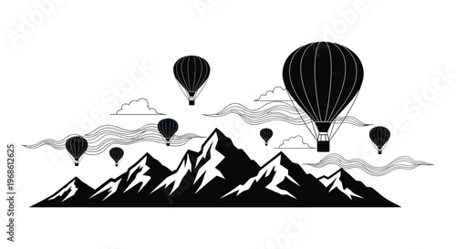 A scenic landscape depicts mountain peaks and several hot air balloons drifting amongst stylized clouds a striking silhouette high quality professional