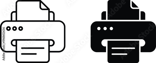 A set of vector printer icons in line art design and silhouette style for use in digital concepts and print materials