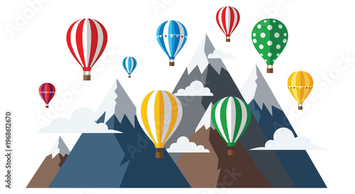 Colorful hot air balloons float above a majestic mountain range creating a vibrant and picturesque scene silhouette high quality professional
