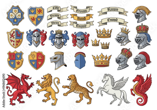 Medieval Heraldry Design Elements Set with Knights Helmets, Shields, Royal Crowns, and Mythical Creatures for Custom Coat of Arms and Emblems