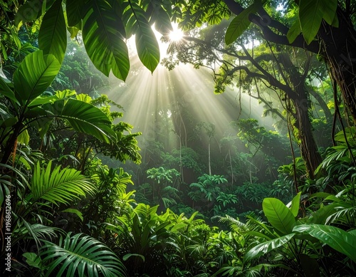 Sunlight Filtering Through Dense Tropical Rainforest Canopy.