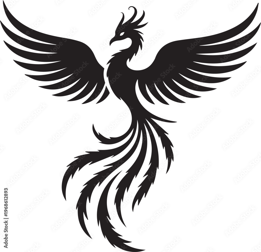 Fototapeta premium A majestic black phoenix spreads its wings in a powerful pose against a white background