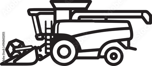 Black line art combine harvester, agricultural machinery icon, farming equipment illustration, tractor silhouette