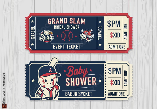 Vintage Baseball Themed Event Ticket Templates for Bridal Shower and Baby Shower, Retro Sports Design with Mascot Illustrations and Admit One Stub