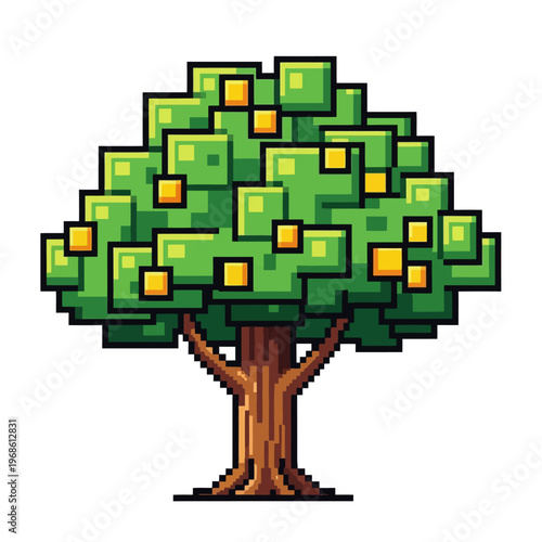 Pixel art illustration of a lush, leafy tree adorned with vibrant orange fruits, showcasing a simple yet charming design