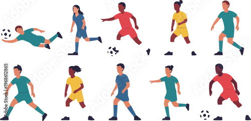 Cartoon football players vector set with men and women athletes in uniform dribbling, kicking, and playing soccer action illustrations