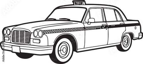 Vintage taxi cab, classic car, black and white illustration, vector graphic