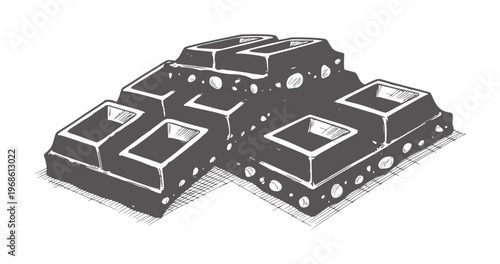 Dark chocolate bar pieces with square indentations and circular bubbles