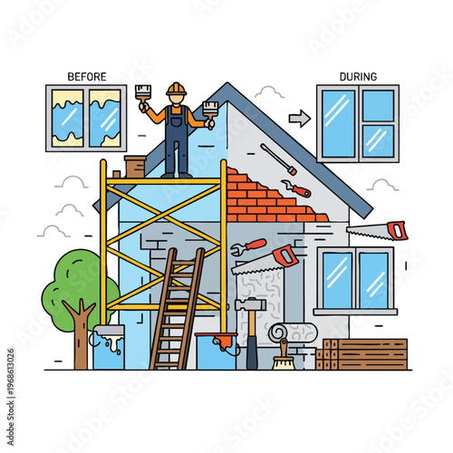 Split illustration of a house undergoing renovation, from before to during work