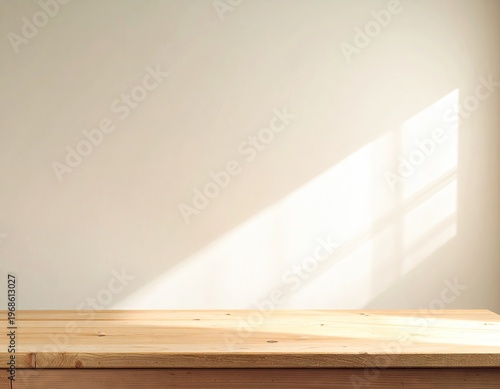 Empty Wooden Table with Sunlight on Wall Background.
