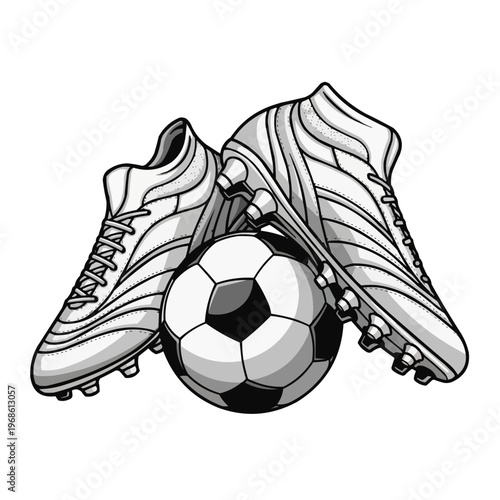 A black and white illustration of soccer cleats and a soccer ball