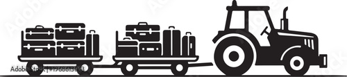 Black tractor, trailer, and luggage vector icon, travel and transportation symbol, minimalist luggage cart