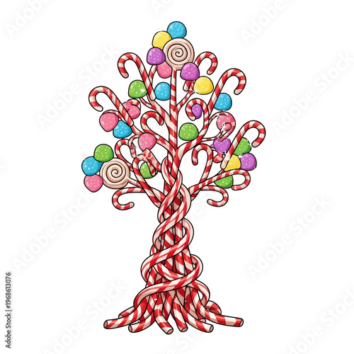 Whimsical Candy Cane Tree with Colorful Swirl Lollipops and Festive Decorations