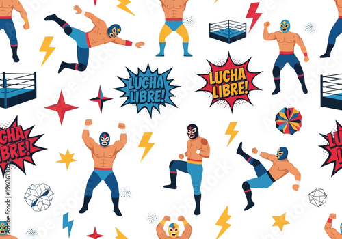 Lucha Libre Seamless Pattern with Mexican Masked Wrestlers, Luchadores, and Rings in Comic Book Style. Colorful Vector Illustration for Textile and Background Design.