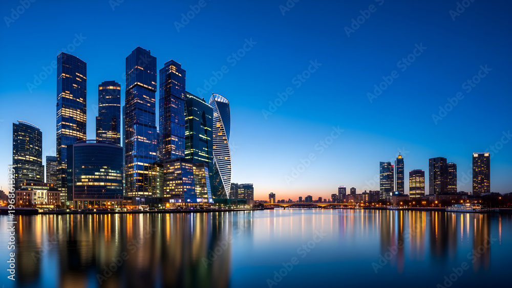 Obraz premium Modern city skyline reflecting in calm river water during blue hour twilight