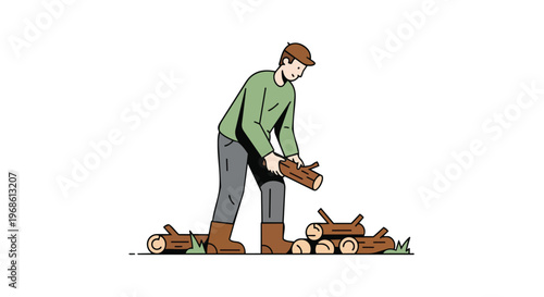 Illustration of a man stacking firewood logs in a simple flat vector style