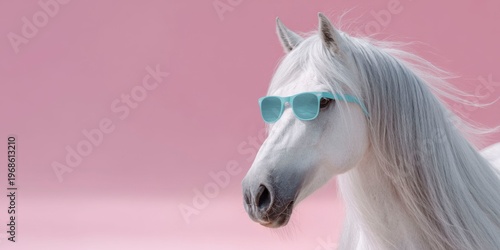 a closeup of a white horse with a long, grey mane, wearing turquoise sunglasses against a vibrant pink background.