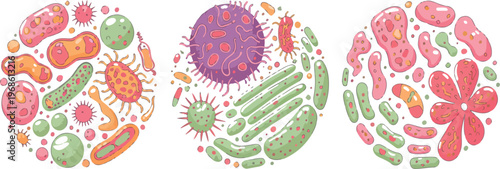 Cartoon bacteria and germs in circular frame, human disease cells, microorganisms, virus and infection biology vector illustration set