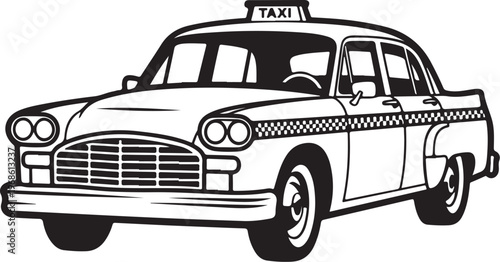 Vintage taxi cab, classic car, black and white illustration, vector graphic