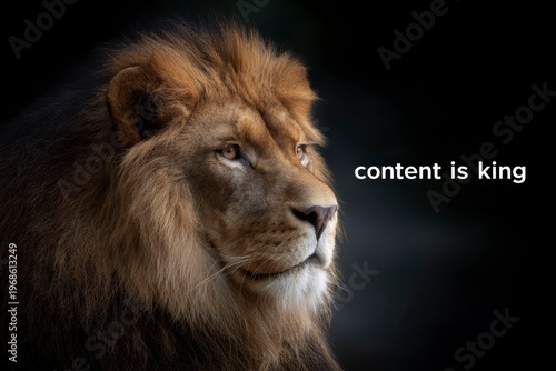 a majestic lion with the text content is king in dark background