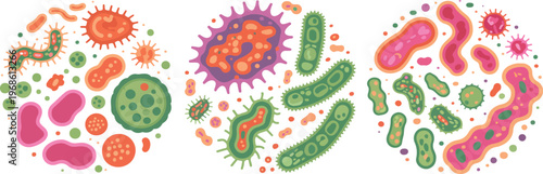 Cartoon bacteria and germs in circular frame, human disease cells, microorganisms, virus and infection biology vector illustration set