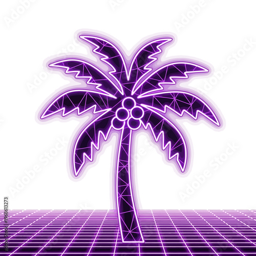 Retro purple neon palm tree with coconuts on a grid floor, vector art illustration of a tropical tree