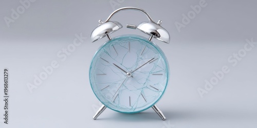triangular alarm clock made of glass with its face cracked, on a light grey background