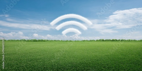 blue sky with white clouds in the shape of a wifi symbol on a green grass field