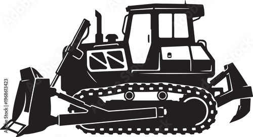 Bulldozer, heavy equipment, construction vehicle, industrial machine, black and white vector