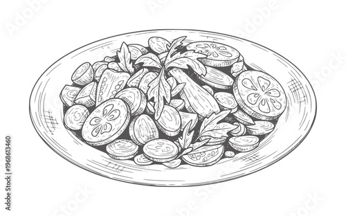 Hand drawn of sliced tomatoes and greens a plate handdrawn salad