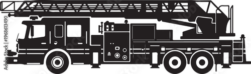 Fire truck, emergency vehicle, rescue truck, black and white illustration, vector graphics