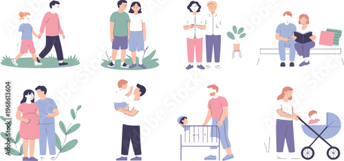 Parents and children vector set featuring young family, baby, pregnant mom, father with son, lifestyle and relationships illustration
