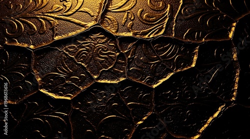 Fotografie A dark golden, richly embossed surface intricately fractured into unique shapes, revealing ornate traditional patterns and dramatic shadows under soft illumination