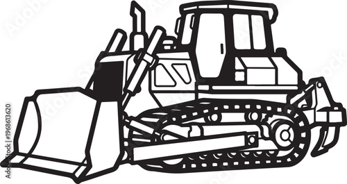 Bulldozer, construction vehicle, heavy equipment, industrial machine, black and white vector