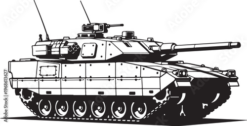 Military tank, armored vehicle, combat illustration, black and white vector