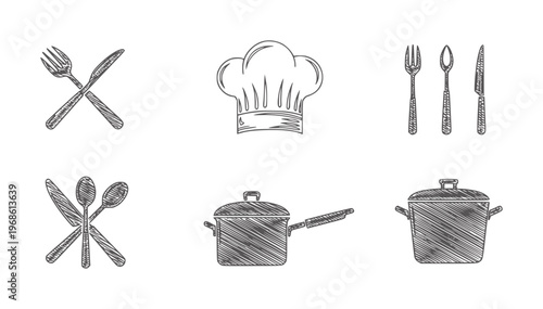 Six hand drawn kitchen including cutlery chef hat and pots