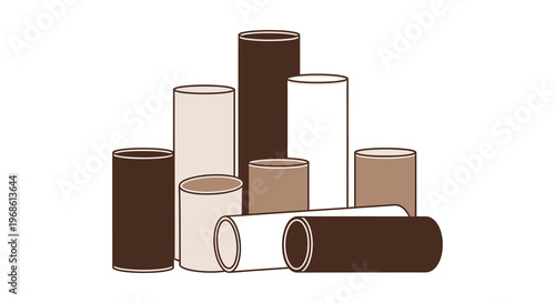 An arrangement of cylindrical forms in varying shades of brown and white presented as a flat design silhouette high quality professional