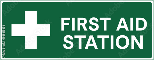 First Aid Station Sign with Medical Cross in Green and White for Emergency Care, Health Services, Safety Guidance, and Public Facility Design