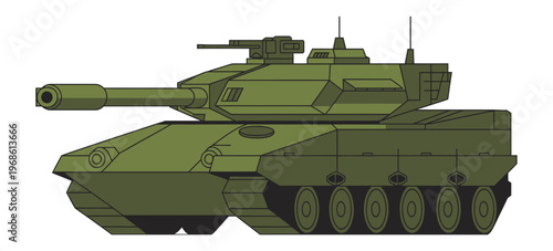Military green battle tank illustration vector, isolated heavy armored vehicle, modern warfare concept