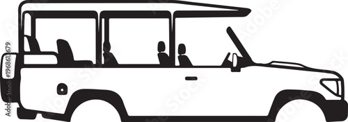 Vector safari jeep, open top vehicle, black and white illustration, transportation icon