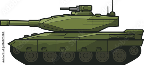 Military green battle tank illustration vector, isolated heavy armored vehicle, modern warfare concept