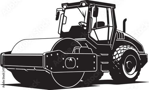 Road roller, construction vehicle, heavy equipment, black silhouette, industrial machine