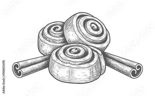 Three cinnamon rolls with two cinnamon sticks in style spice baking