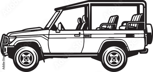 Vector safari jeep, open top vehicle, illustration, black and white