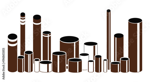 A collection of dark brown cylindrical shapes of varying heights and widths creates a minimalist skyline silhouette high quality professional detailed