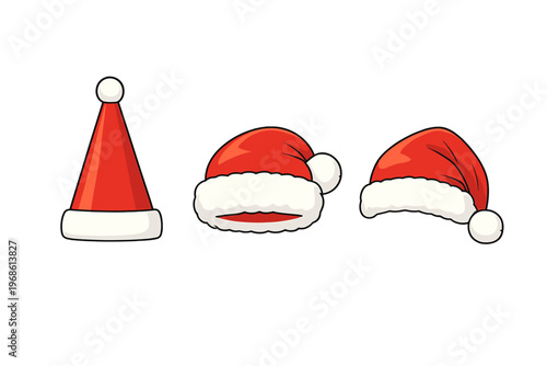 Different styles of Christmas hats and Santa hats on a white background showing festive designs for holiday celebrations