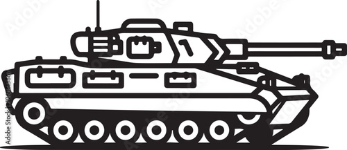 Military tank, combat vehicle, armored warfare, black line icon