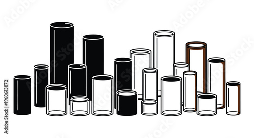 An arrangement of cylindrical forms in varying heights and shades creating a stark visual contrast silhouette high quality professional detailed