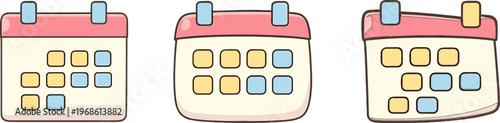 Calendar icons in different styles showing dates and plans for a month in a simple design